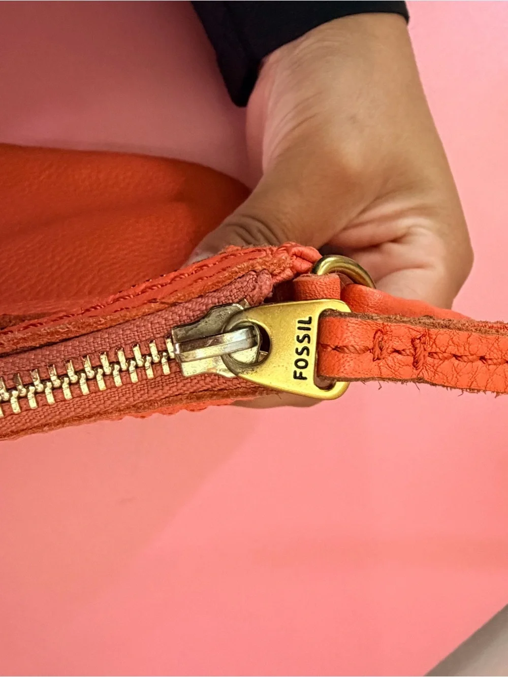 Fossil Orange Leather Zip Crossbody